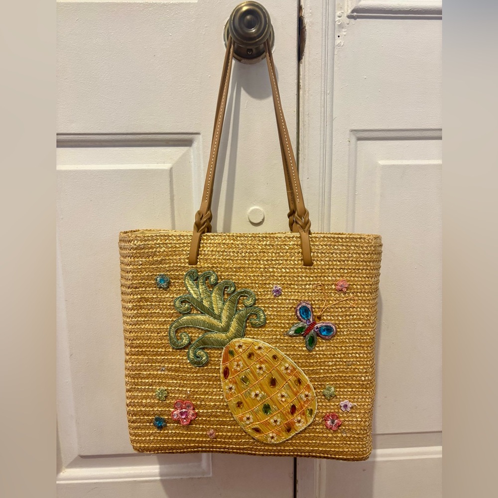 Cappelli Straworld Tan Tote with Pineapple and Butterfly